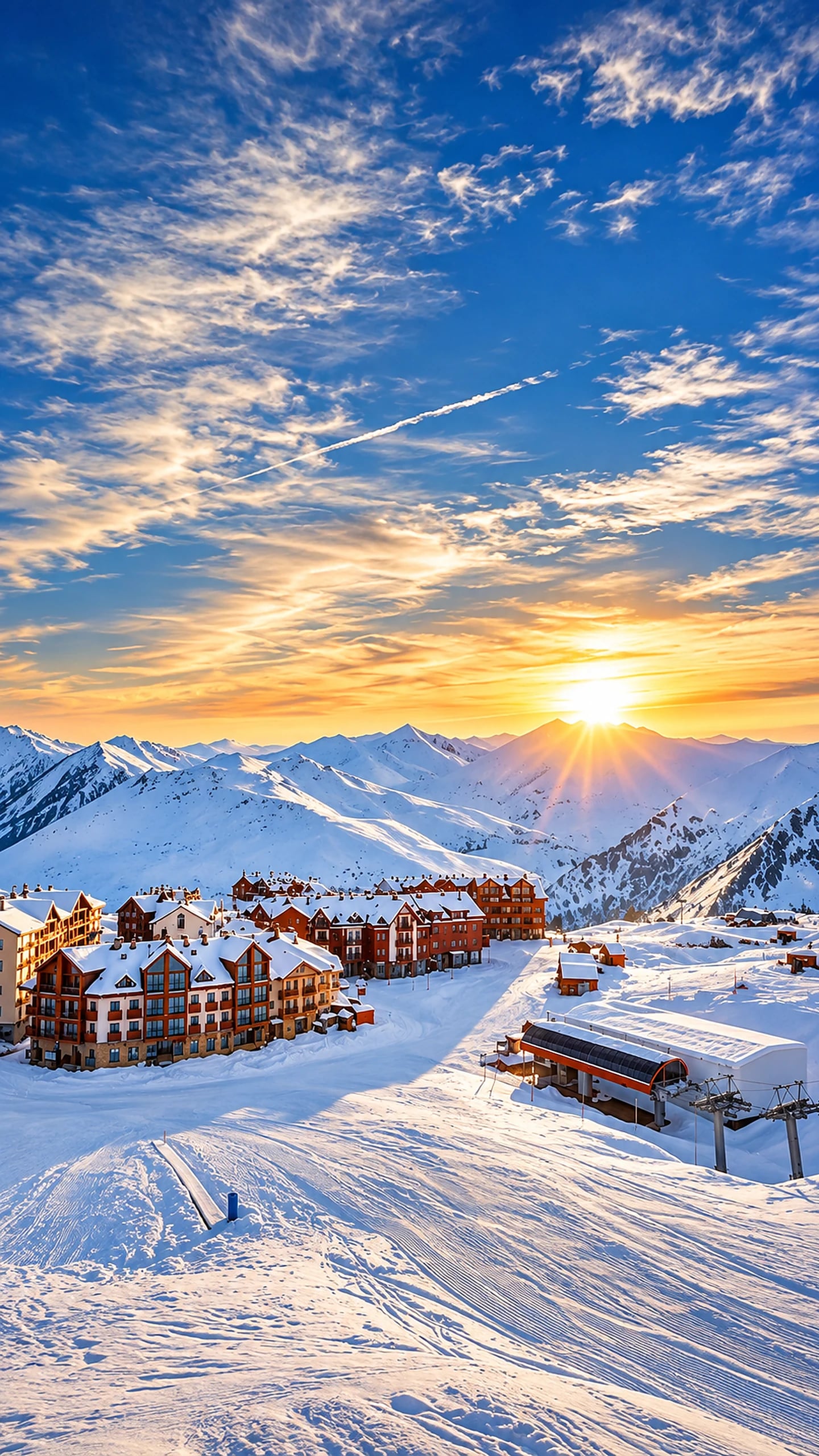 Panoramic winter view of Gudauri at sunset, with snow-covered Caucasus mountains, apartment buildings and ski lifts