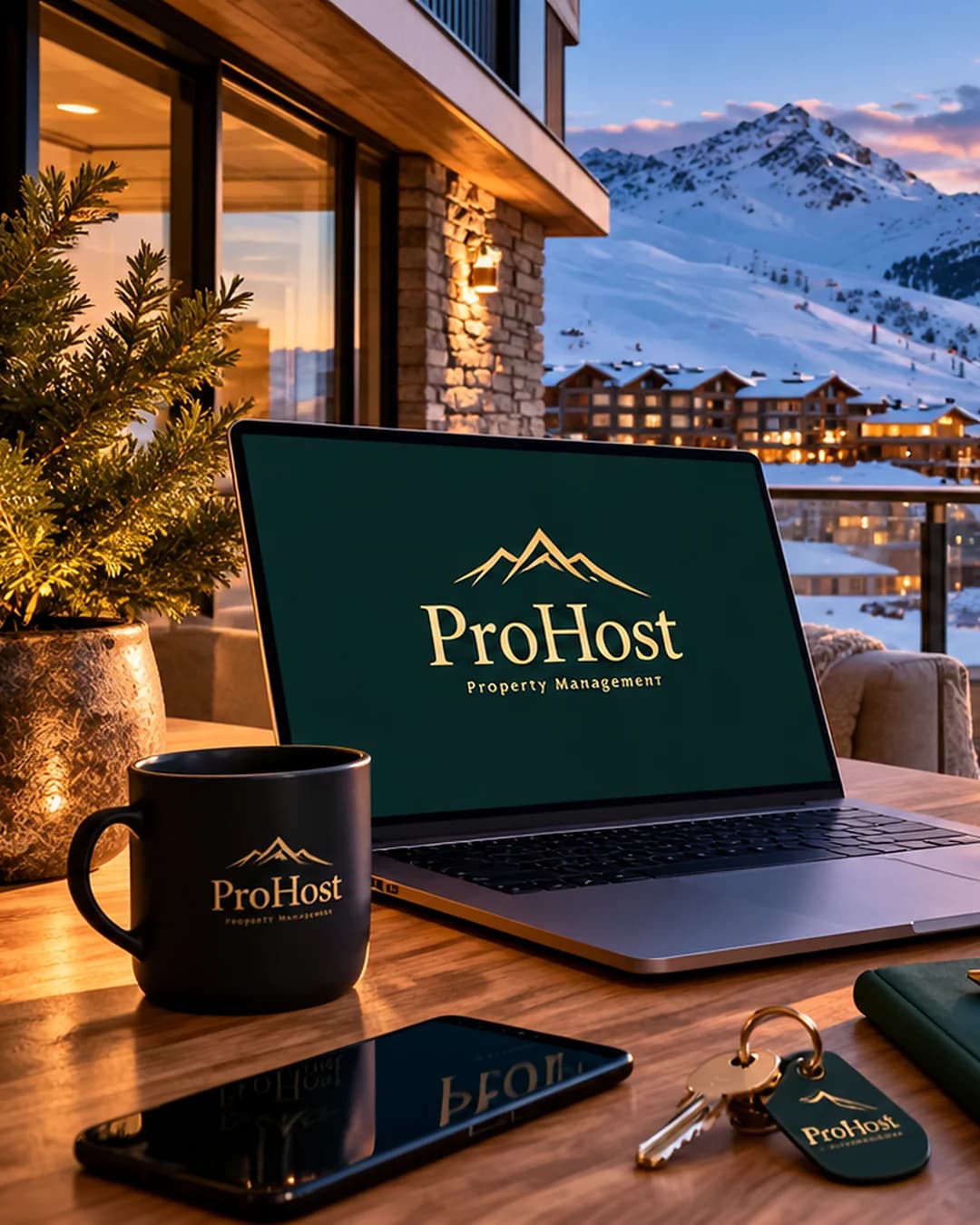 Laptop and notebook on a table by a window overlooking the mountains at sunset