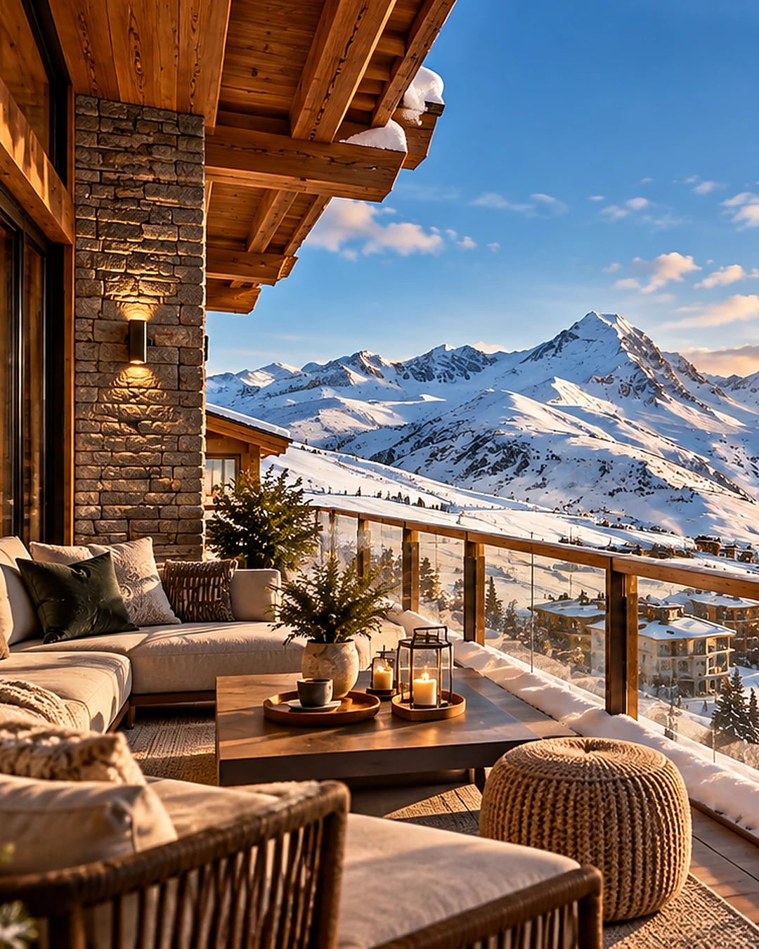 Furnished terrace overlooking snow-covered mountains at sunset