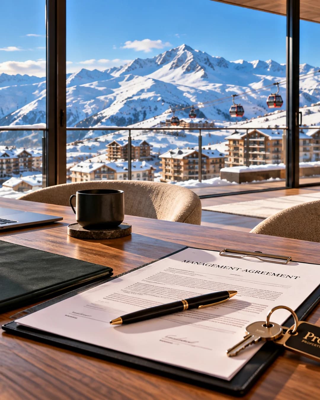 Documents, keys and a laptop on a table by a window with mountain views