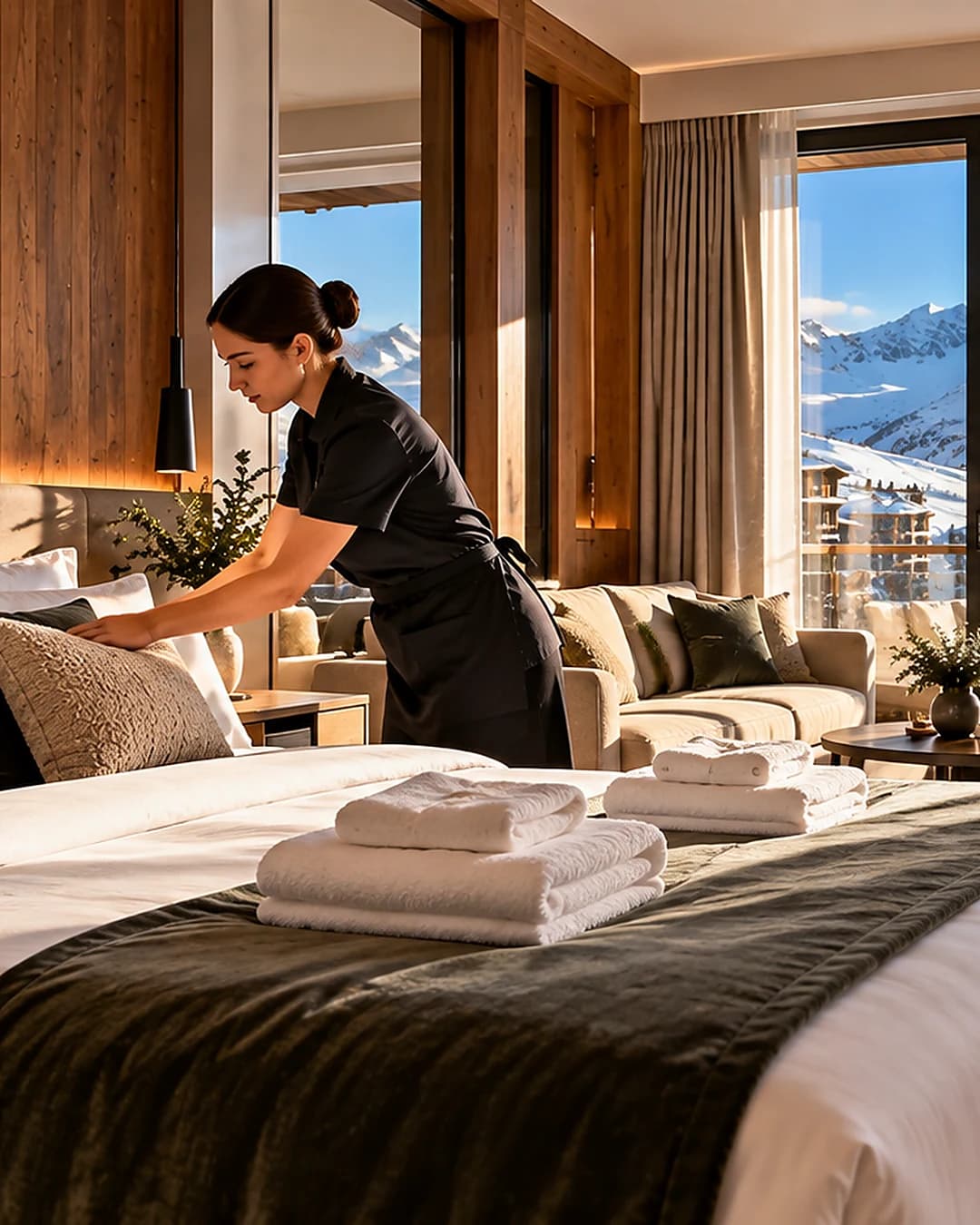 Housekeeper preparing a bedroom with fresh linen